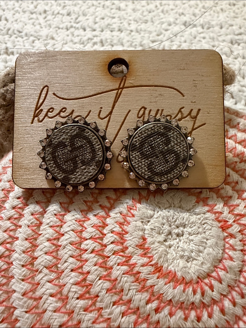 Crystal-Trim Gray Patterned Stud Earrings